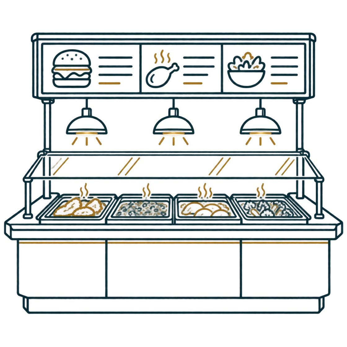 Professional food service counter with heated display pans, heat lamps, and digital menu board showing burgers, chicken, and sides.