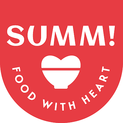 Bold logo featuring SUMM! with a heart and bowl, symbolizing nourishing food and care.
